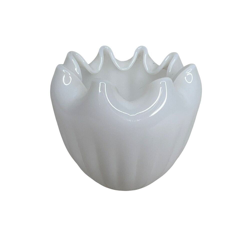 Vintage Milk Glass Fluted Sides Pinched Top Tulip Vase Rose Bowl MCM Mid Century